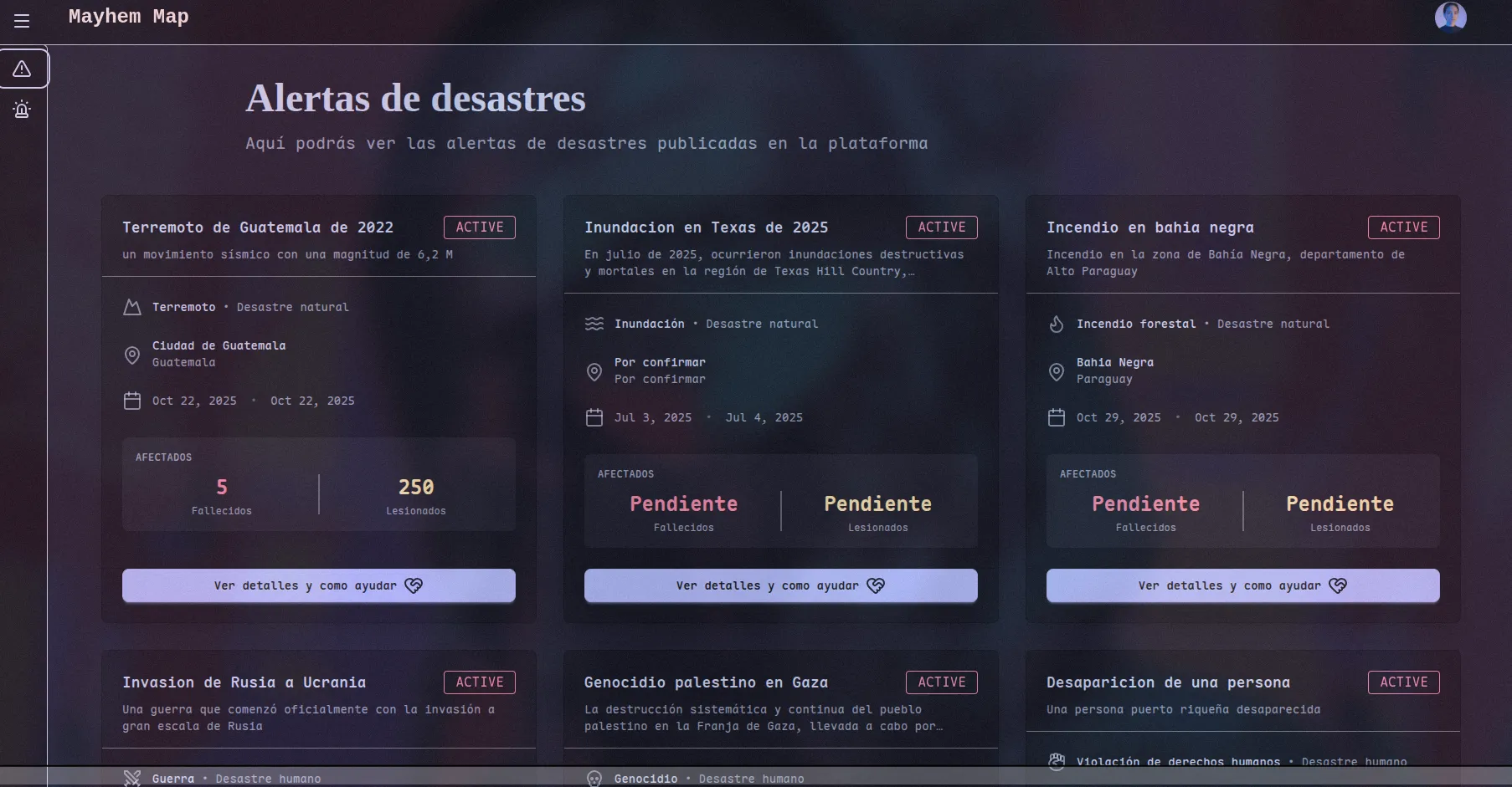 Pantalla principal con varias alertas activas en formato de tarjetas.