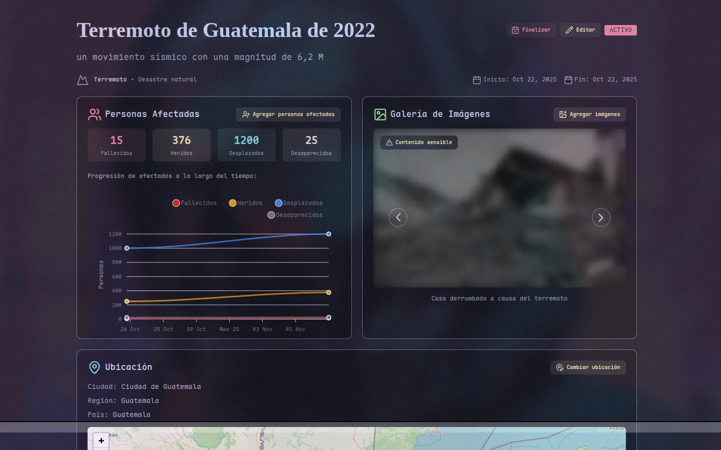 Detalles de un terremoto mostrando gráficos e imágenes.