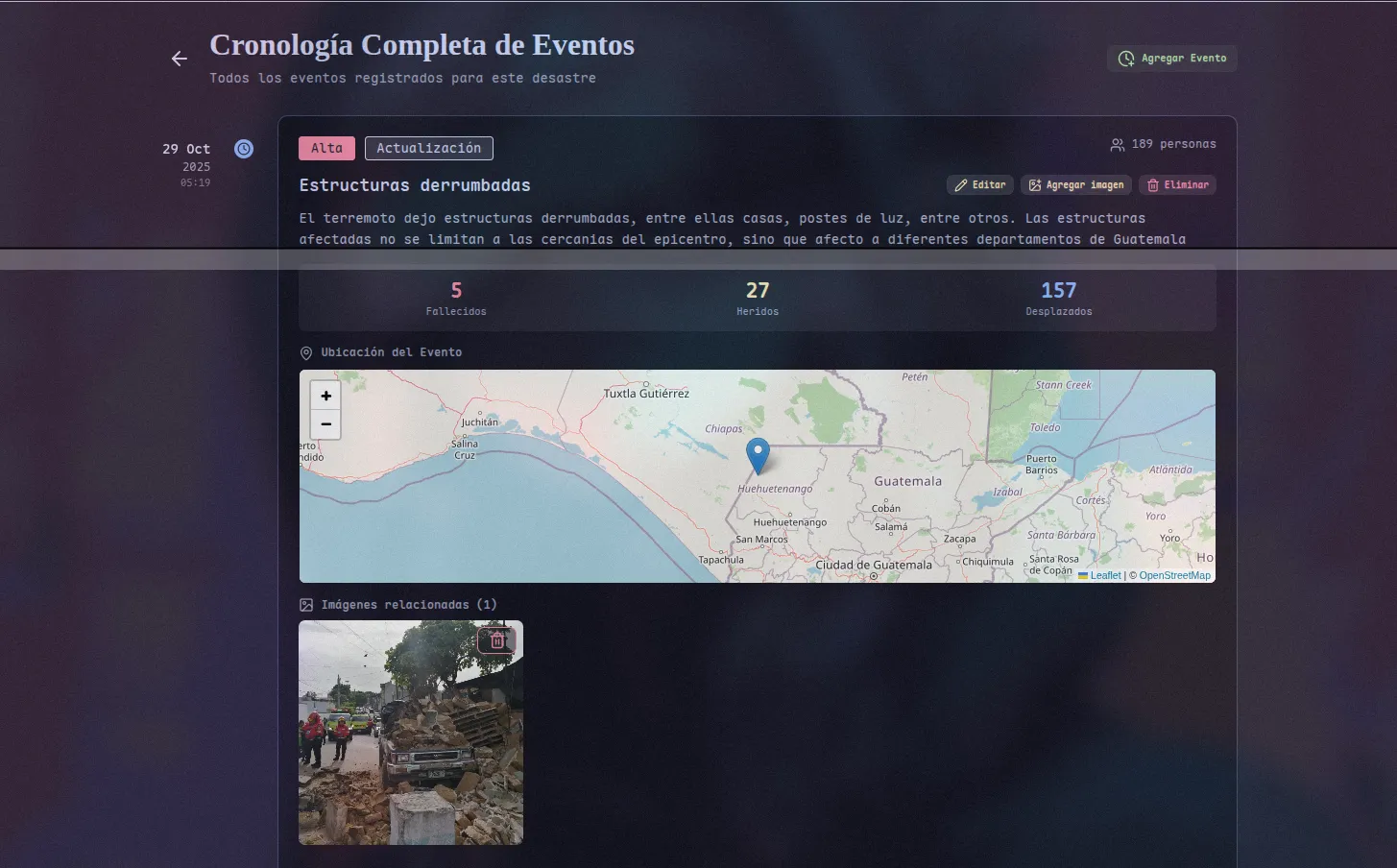 Cronología de eventos mostrando la evolución del desastre.