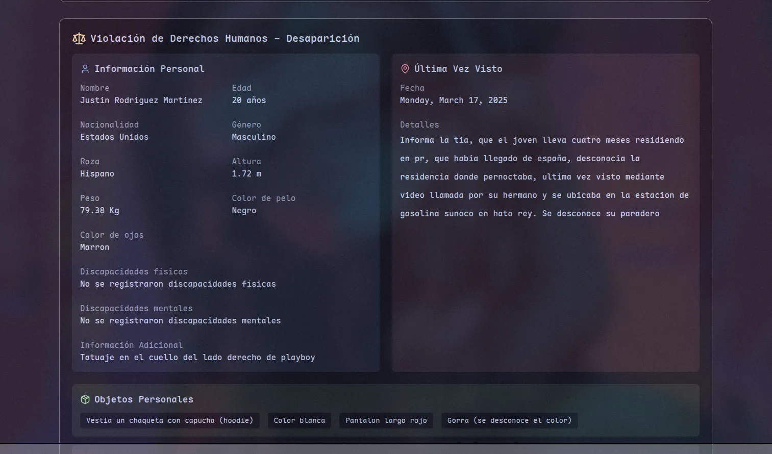 Detalles de una alerta de desaparición, mostrando la variación de datos.