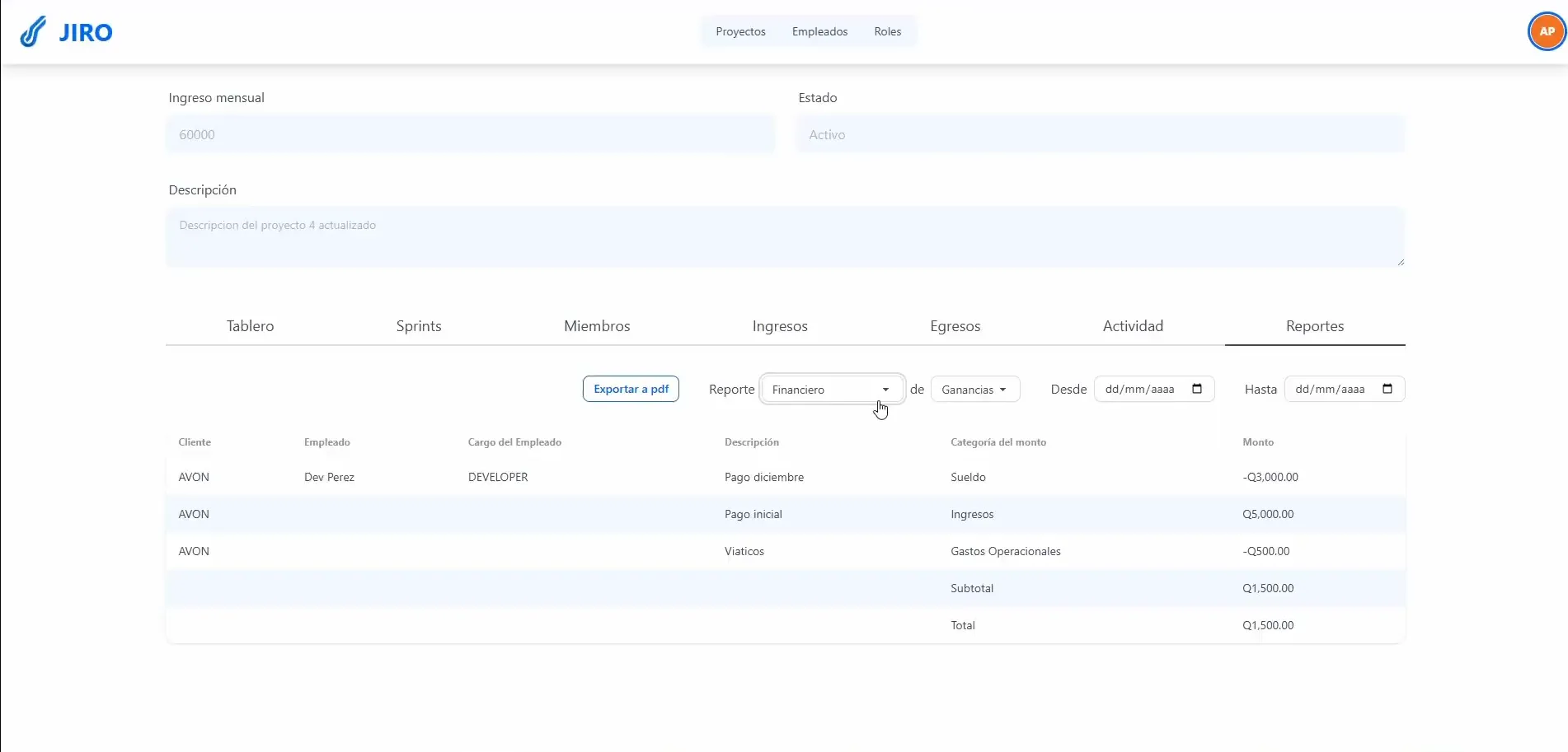 Reporte financiero de ganancias y gastos.